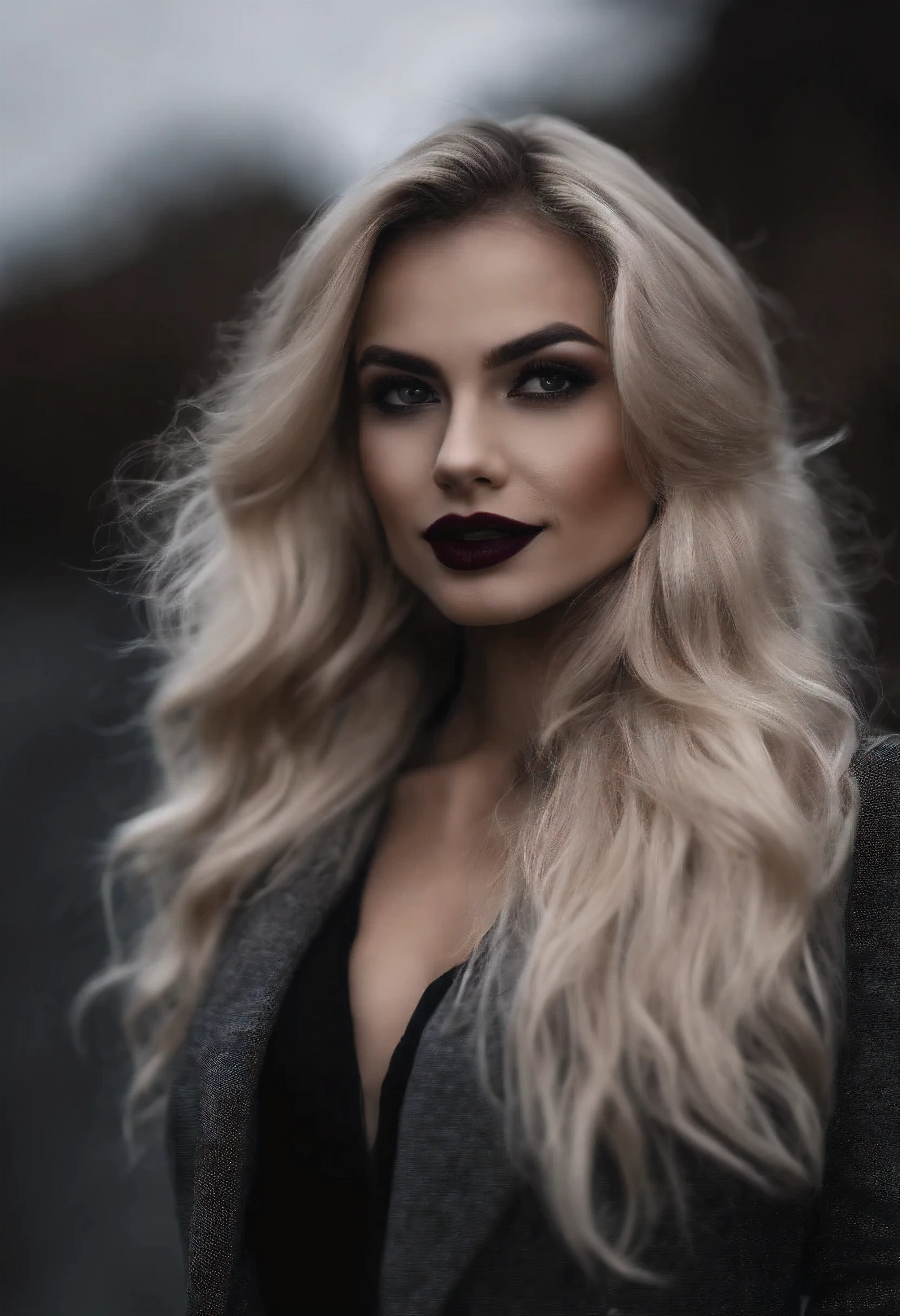 Dark portrait of a blonde vampire, Black suit, hair up, pomade, Perfect pale skin, detailed dark ink, Beautiful, Beautiful большая грудь, smiling, Visible fangs, она забрызгана Bloodю, Skinny jeans accentuate her Beautiful body, (sexual) Outside, She seduces, питается Bloodю, High quality dark background, Super detailed landscapes, super sharp focus, detailed dark ink,  Perfect Professional Makeup, dark medium, a dark room, Blood