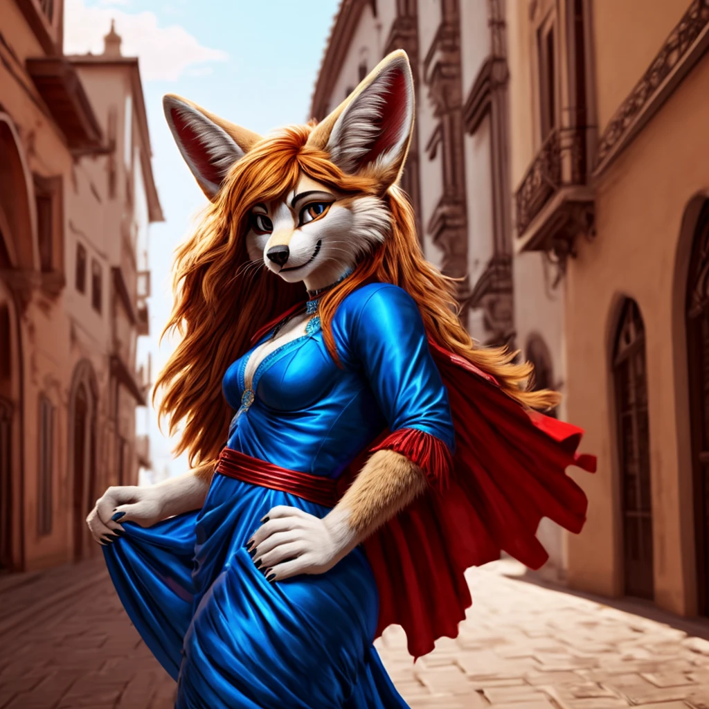 Fennec, female, profile, smile, flamenco, dancer, street, spain, spanish, fluffy, furry, tail, photorealistic, masterpiece, adorable, blue dress, profile, looking at me, giving me her paw, hand palm