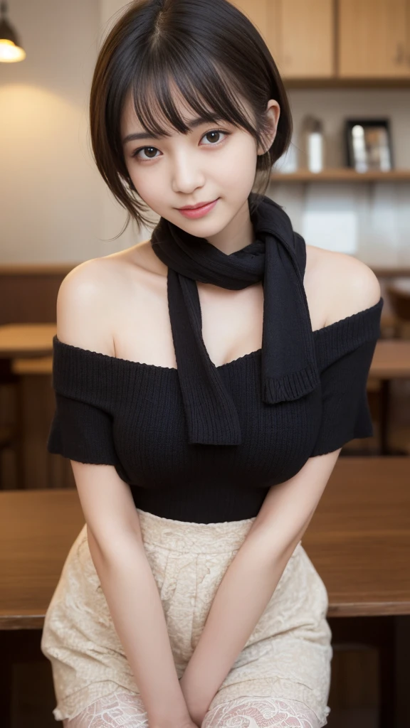n.f.s.in.、highest quality、confused、Super detailed、finely、High resolution、8k wallpaper、perfect dynamic composition、beautiful and detailed eyes、off shoulder knit、skirt、(skirtをたくし上げる)、(show lace panties)、short hair、bangs、big breasts、scarf、natural color lip、bold sexy pose、smile、Cafe、Japanese、15 year old girl、cute、sexy shot looking at camera、Always blur the background、完璧in美しい顔,Take only the face、beautiful and detailed face、slim face and style 、I can see the cleavage、raise one leg