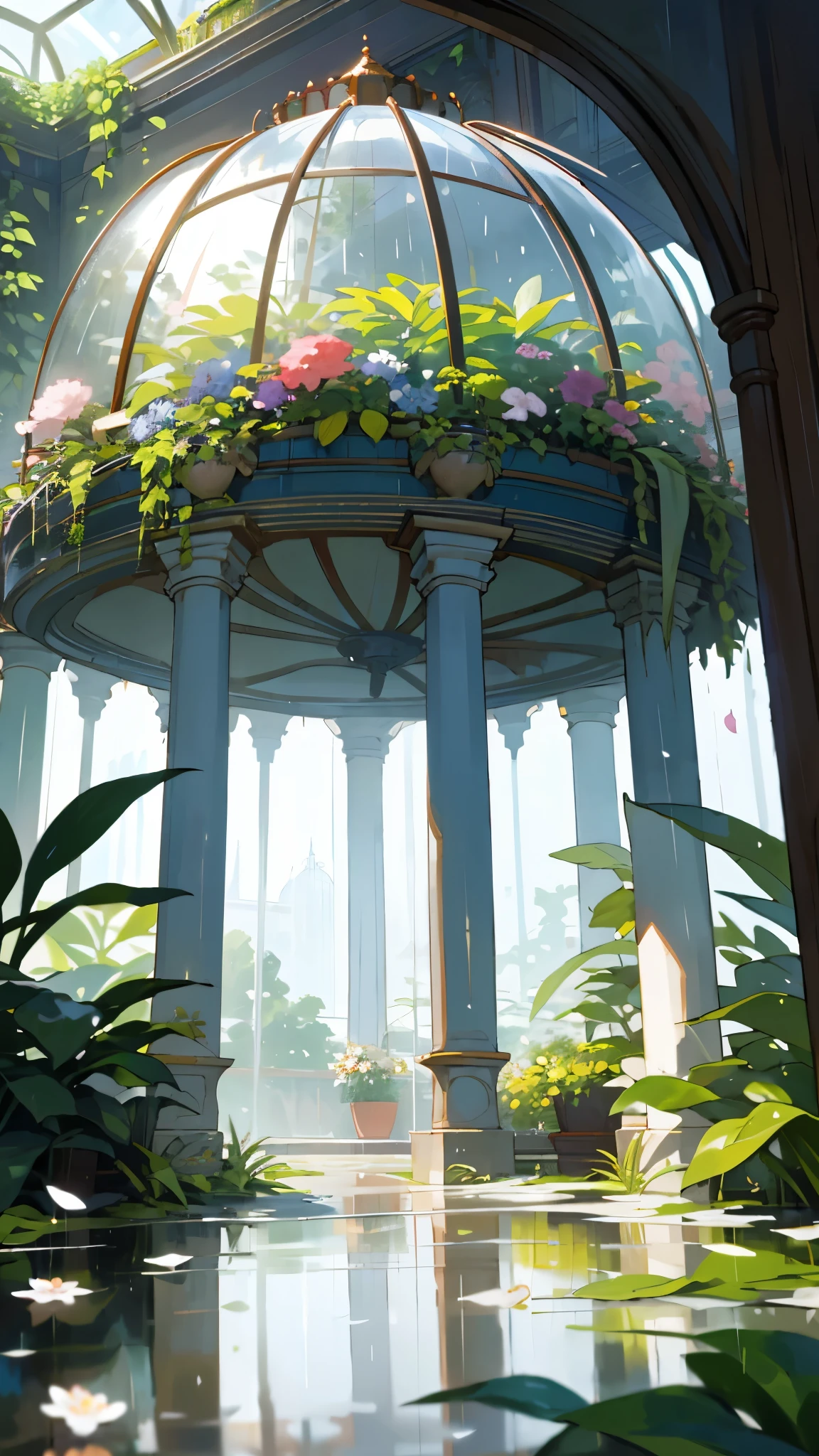(top quality, masterpiece, ultra-realistic), rainy day, raining, wet ground, puddle, indoor botanical garden, dome, lots of flowers, dense mass plants, the background landscape is a garden with petals and puffs flying around. --v6
