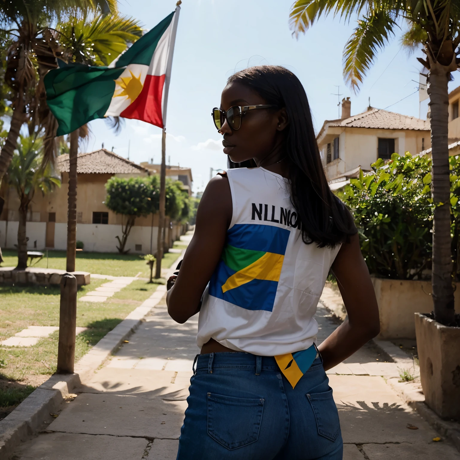 Femme noir, with a Senegal jersey, jean bleue, lunette de soleil , with a little flag in hand