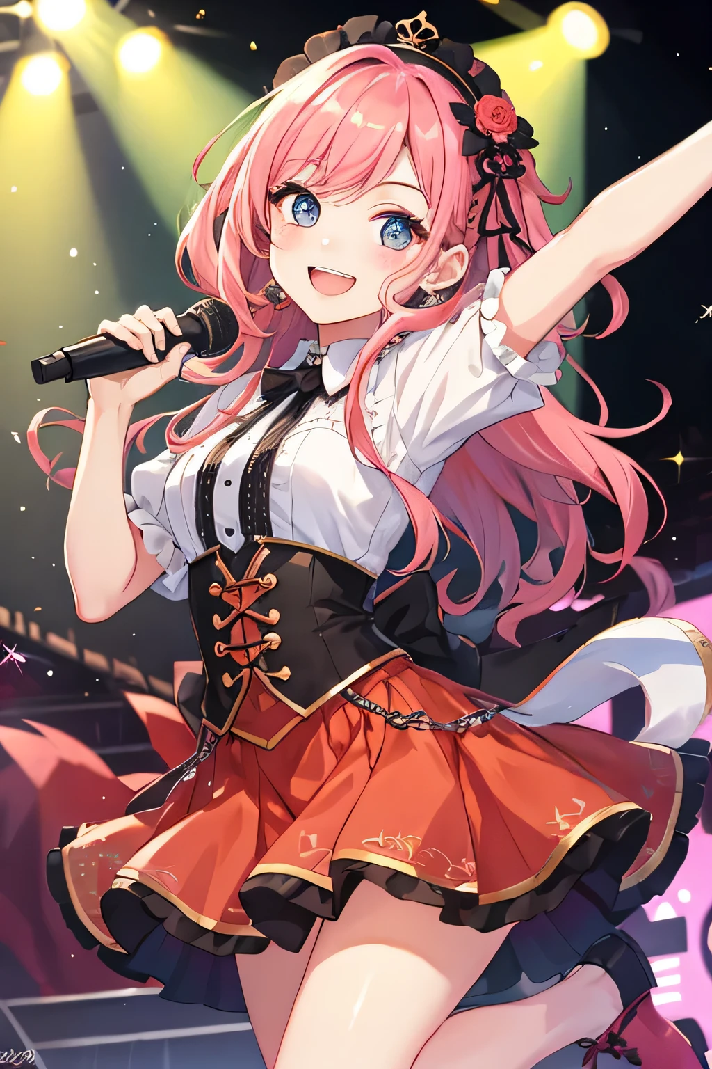 highest quality、High resolution、8K、detailed background、Beautiful age girl、cute、cute hairstyle、cute髪の色、cute idolコスチューム、cute idol、laughter、smile、sexual expression、panty shot、Skirt flips up、outdoor stage、dancing、dance