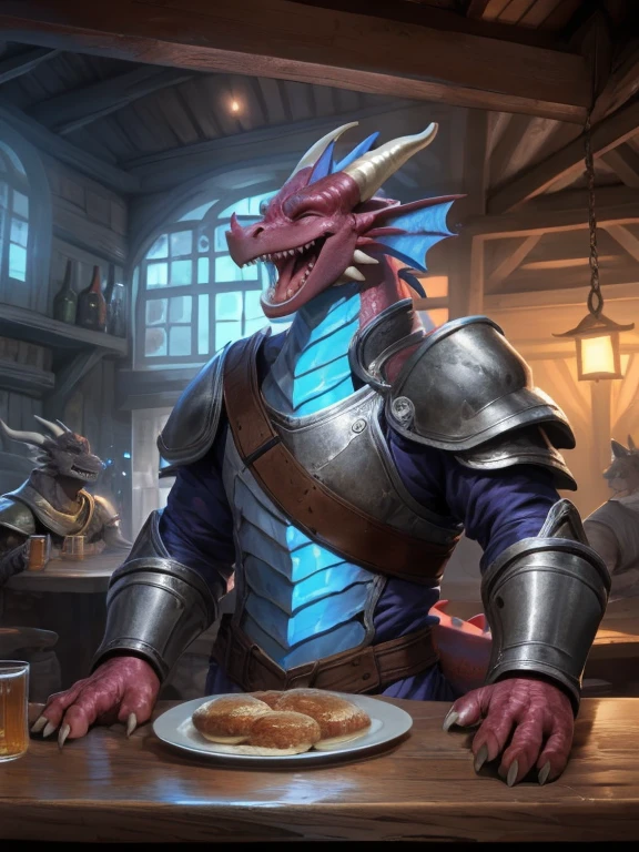 solo, male, adventurer, (male anthro dragon:1.3), (red body:1.1), yellow belly, (standing:1.3), (kemono:1.2), (tavern:1.23), heavy armor, (plate armor), (laugh:1.3), eyes closed, open mouth, beer, detailed eyes, dragon tail, horn, (bust portrait), (detailed eyes), (indoors:1.35), table, bar counter, food, dnd, crowd, (dark:1.4), (particles ,firefly, blue glowing:1.3), detailed background, 8k hd, (dark shadows, wide dynamic range, hdr, low light:1.2), by Pino Daeni, canyne khai, milkytiger1145, (bara), [dagasi, yupa]