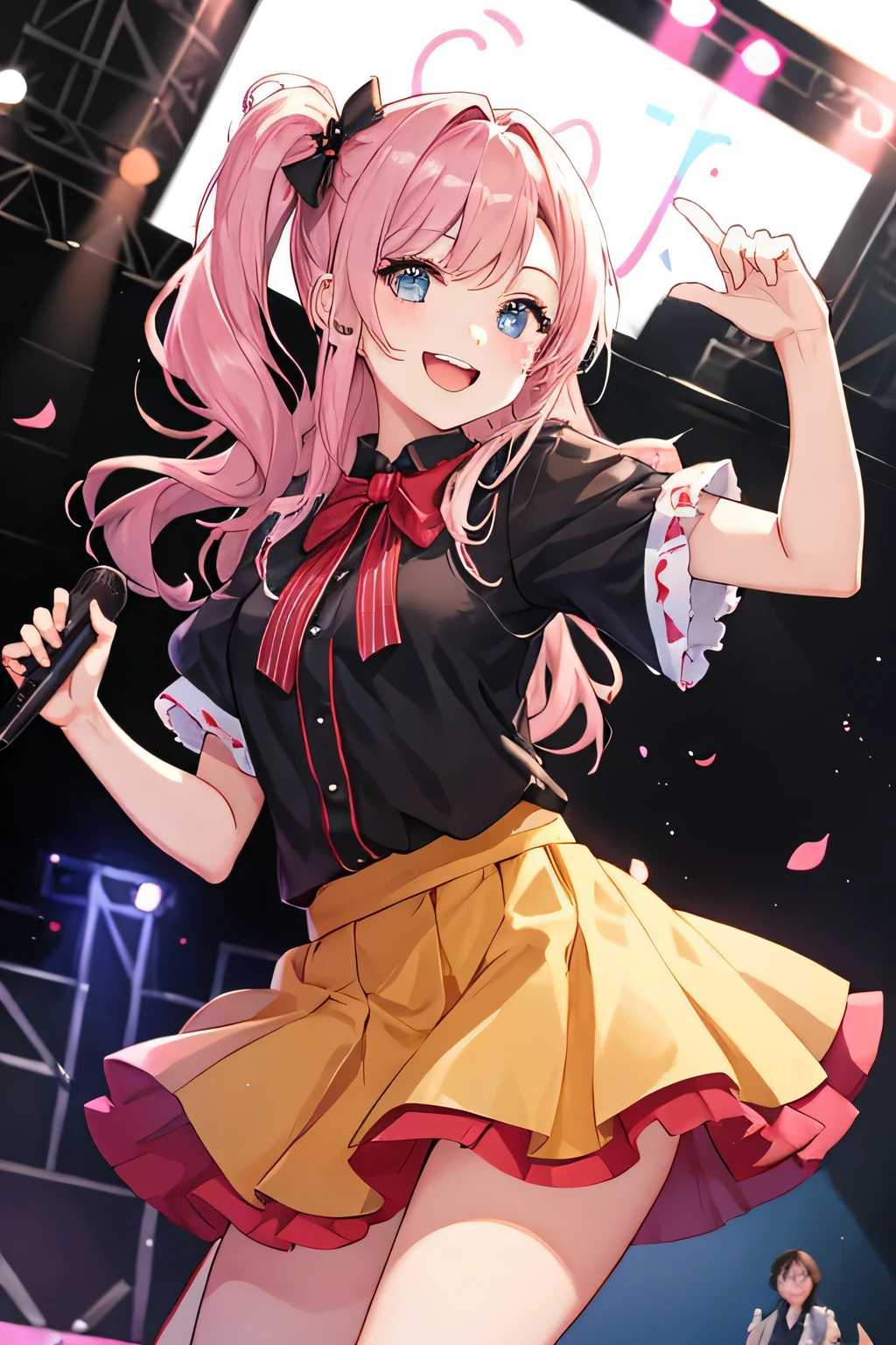highest quality、High resolution、8K、detailed background、Beautiful girl、cute、cute hairstyle、cute髪の色、cute idolコスチューム、cute idol、laughter、smile、sexual expression、panty shot、Skirt flips up、outdoor stage、dancing、dance