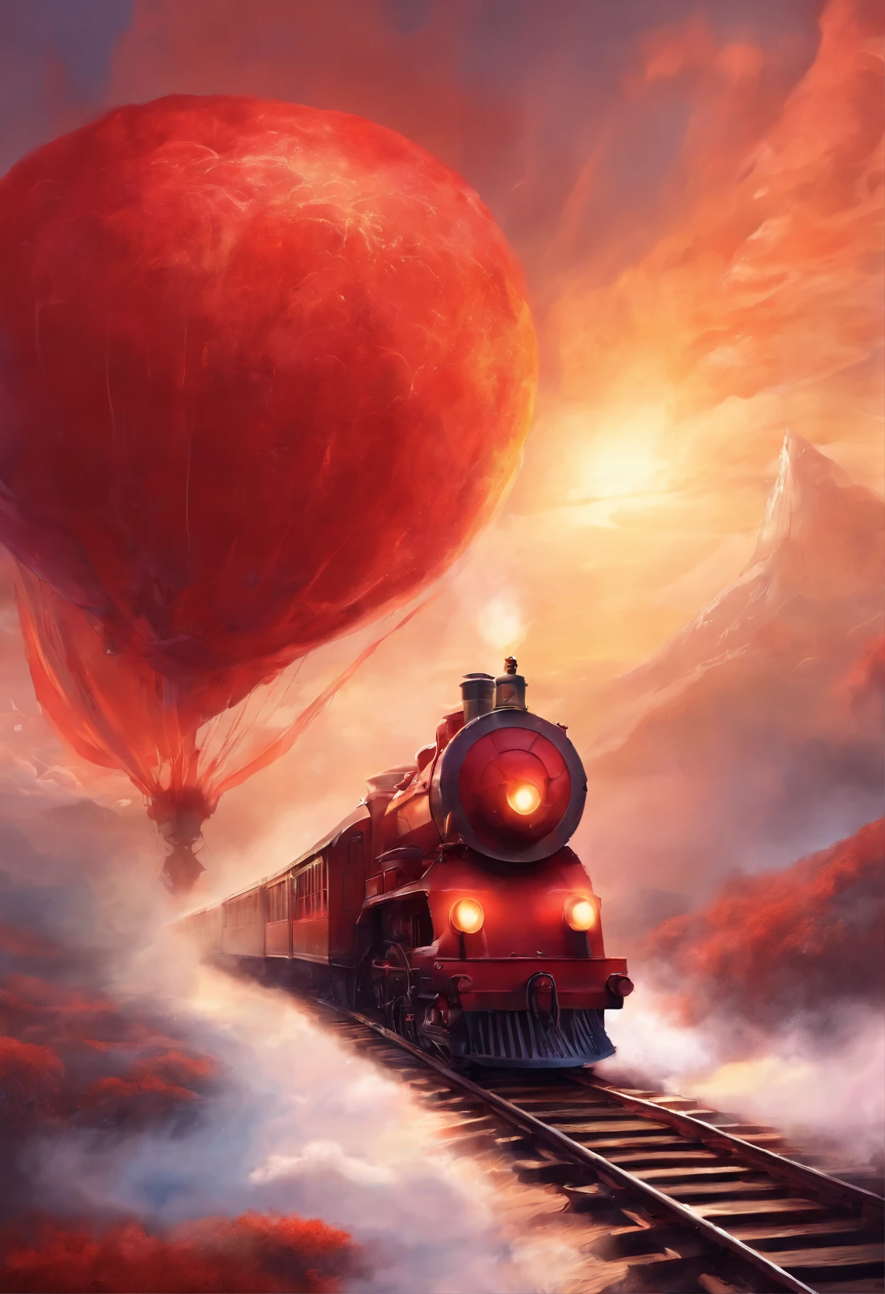 Train going into the sky with a red cat conductor