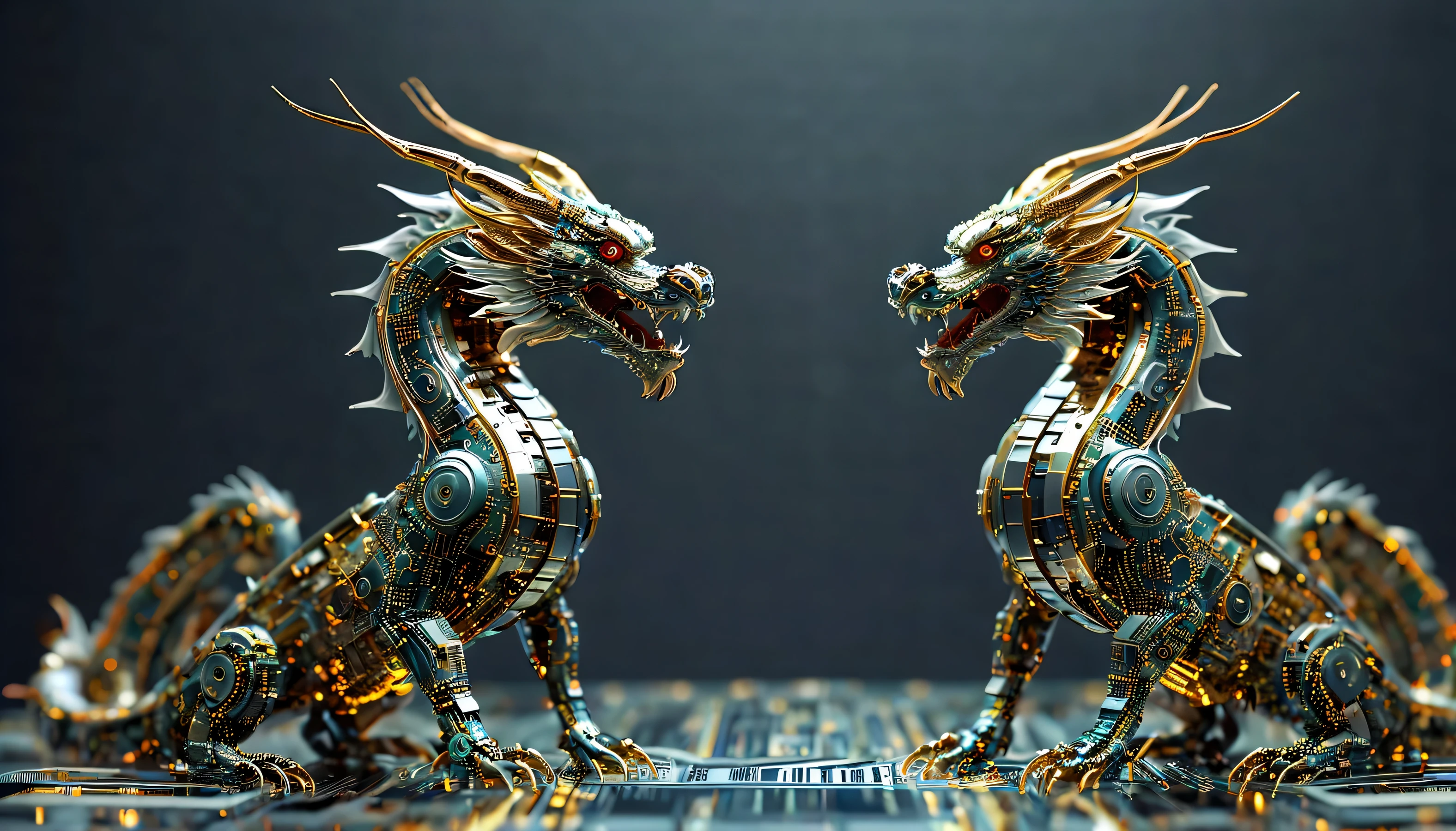 Transparent two Chinese dragons made from circuit boards, expectation, Front view, sense of technology,sense of the future, real picture, spacecraft