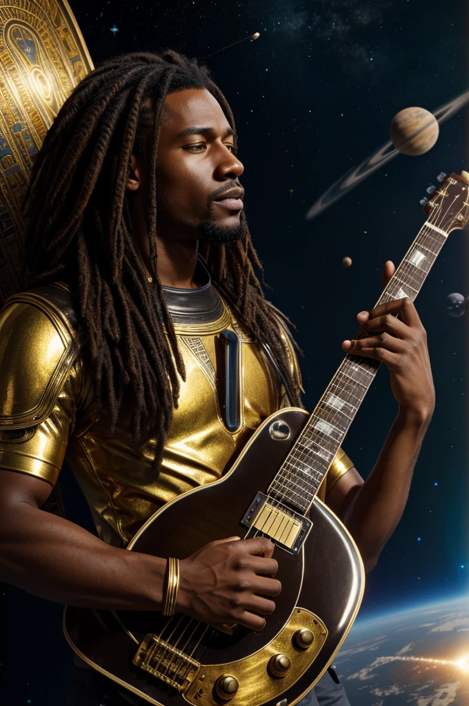 photo realistic, African male,Long brown hair with light brown streaks, Egyptian golden armor, futuristic, playing guitar out in space with planets floating by, 85mm cinematic lighting,