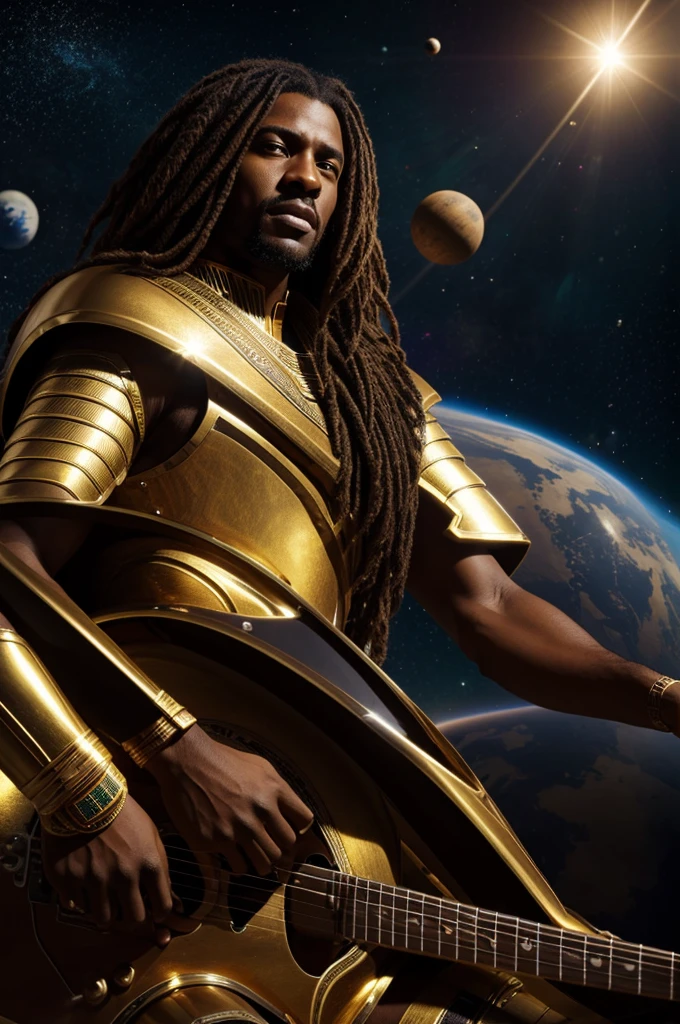photo realistic, African male,Long brown hair with light brown streaks, Egyptian golden armor, futuristic, playing guitar out in space with planets floating by, 85mm cinematic lighting,
