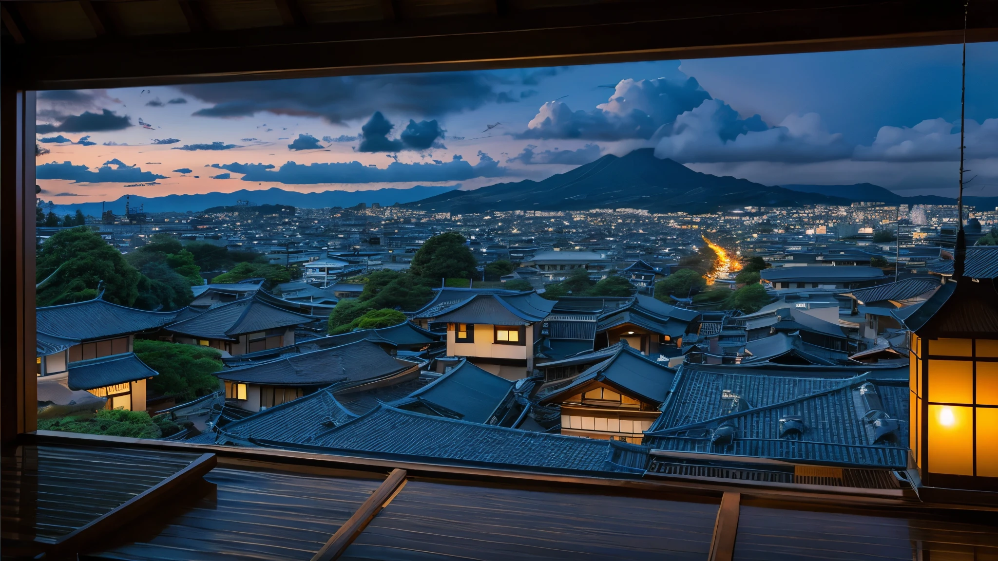 8D、Highly detailed images、Japanese inn、View from the window、Window frame、night view、Dark cloudy sky、Pitch black late night、Streetscape of Japanese houses、Sky covered with clouds、Tiled roof as far as the eye can see、only one hill、nostalgia、Japanese scenery、Beautiful scenery