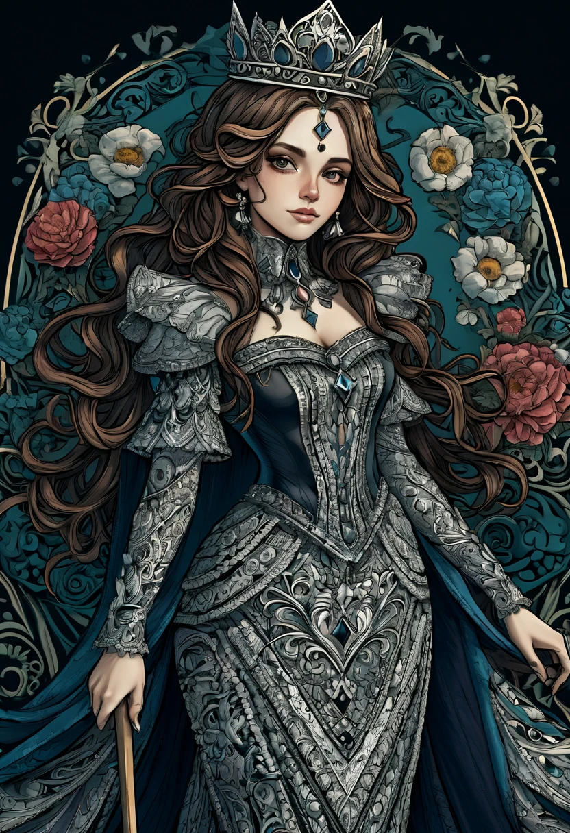 absurdres, highres, ultra detailed, (ultra-detailed background, detailed background), extremely detailed,
1girl, bunch of flowers, (zentangle:1.1), (geometric:1.1), beautiful flowing hair, good anatomy, dramatic, award winning, masterwork, masterpiece, (queen of spades), (regal queen outfit), (full torso), (crown), (spade symbol:1.25),