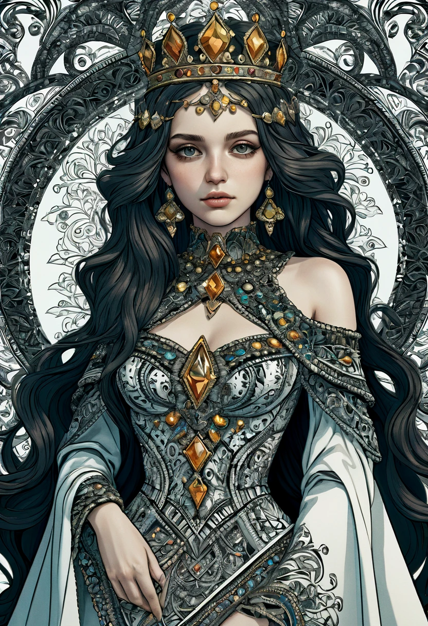 absurdres, highres, ultra detailed, (ultra-detailed background, detailed background), extremely detailed,
1girl, bunch of flowers, (zentangle:1.1), (geometric:1.1), beautiful flowing hair, good anatomy, dramatic, award winning, masterwork, masterpiece, (queen of spades), (regal queen outfit), (full torso), (crown), (spade symbol:1.25),