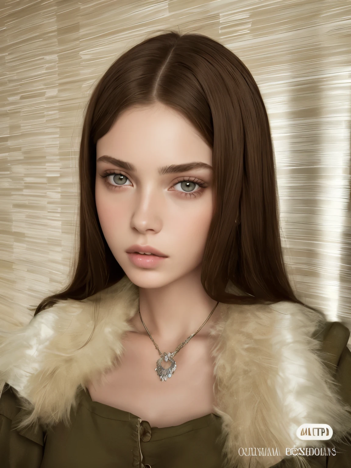 un primer plano de una mujer con un cuello de piel y un collar, Modelo de ultra alta calidad, adolescente hiperrealista, con cabello largo y ojos penetrantes, Retrato Sophie Mudd, Caras ultra realistas precisas, Dasha Taran, Parece una mezcla de mugres, brown hair and large eyes, Julia Gorokhova, Cara ultra realista, Steven Meisel, smooth, flawless, pale skin