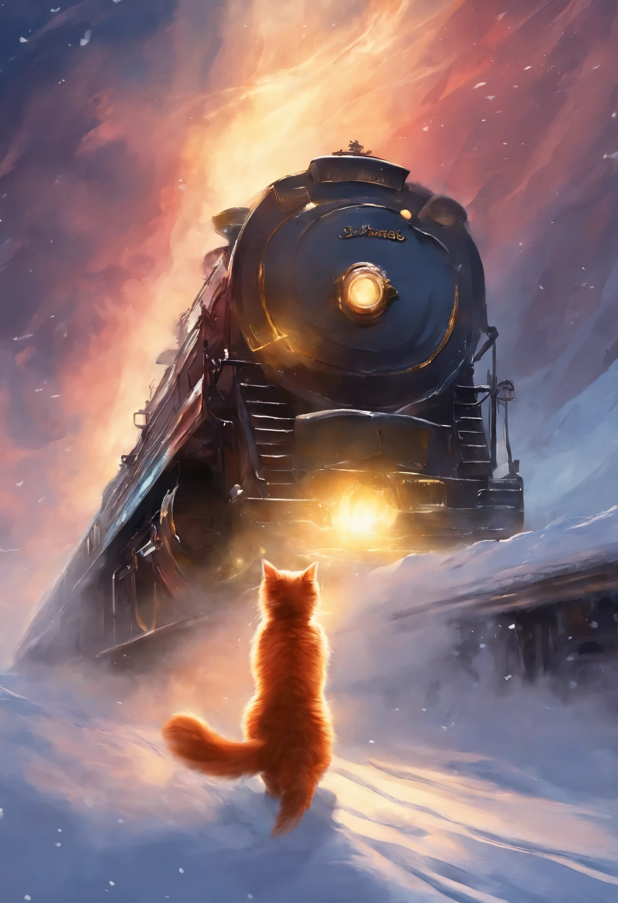 Train going into the sky with a red cat conductor, snow swirling into the sky, 