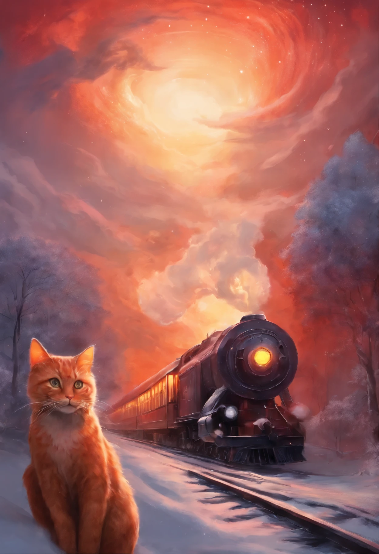 Train going into the sky with a red cat conductor, snow swirling into the sky,
