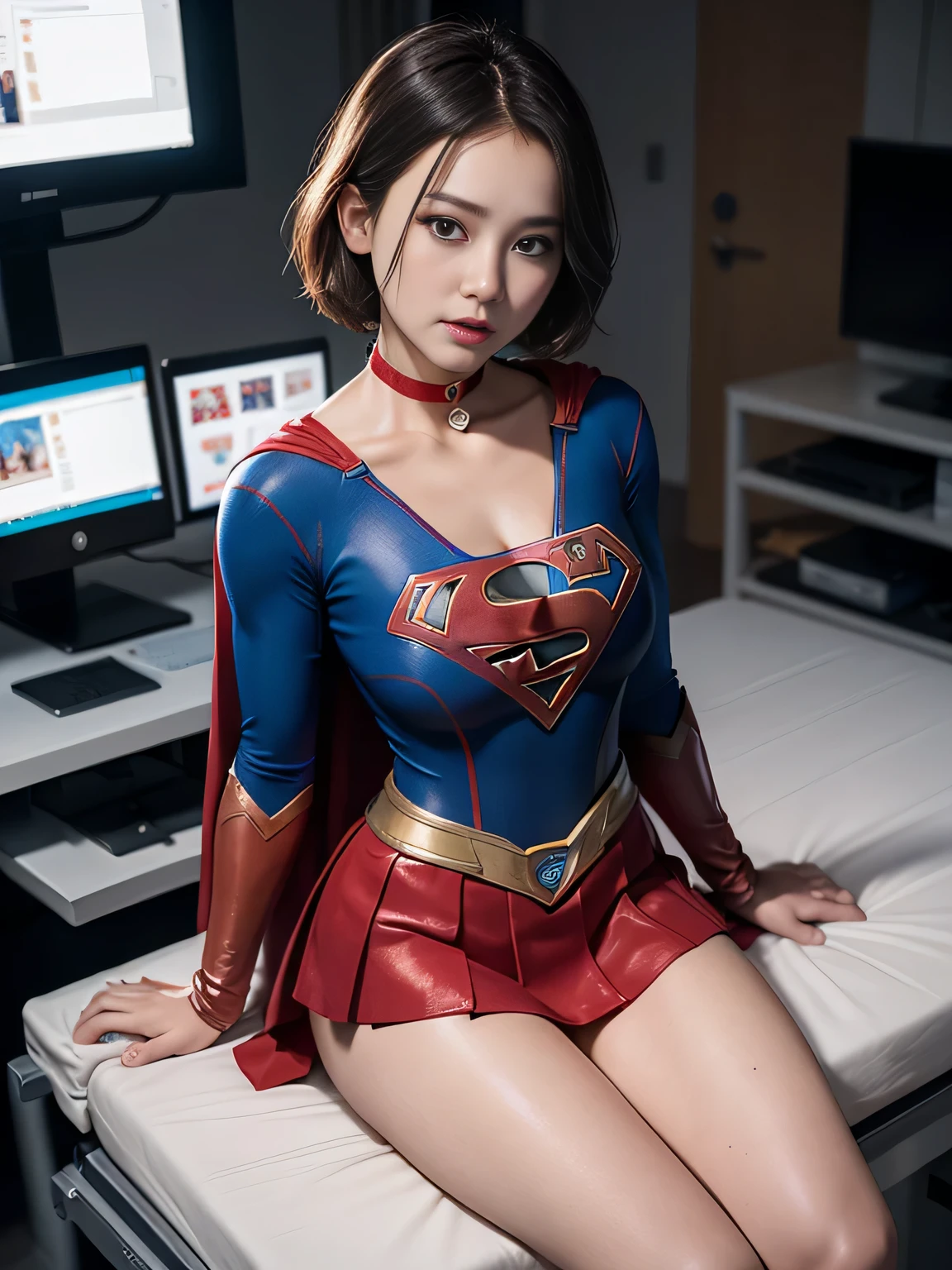 masterpiece、supergirl costume、short hair、barefoot、big and full breasts、operating room、operating table、straddle、Tattered、shiny、look at the camera、Seduce、choker、red mini skirt、long sleeve、Cowgirl、Estrus