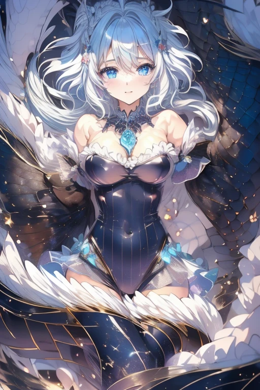 ((masterpiece、Super detailed、intricate details、high quality、An illustration))、dragonと女の子 、18-year-old、155cm、45kg、C cup、beautiful girl、Magical girl((short cut slim body、A body with no slack at all、silver hair、platinum blonde、odd eye、Black eyes、blue eyes、Rin々new expression))、(rainbow colored leotard dress、sheer ruffle leotard dress、Sheer skirt、Frilled ribbon on the chest、large ribbon on the back)beautifully、be familiar with、risky、whole body、See-through、has a blue sword、full moon、moonlight、Cleavage is exposed、dragon(((Dragon Knight、神秘的なdragon、咆哮するdragon)))Overall image、whole body、View from a distance、dragonの顔、firmament、night sky、(((dragonに身を寄せる少女、少女の後ろにdragonの顔、正面を見るdragon)))少女の後ろに佇むdragon、少女を守るdragon、Guardian Dragon