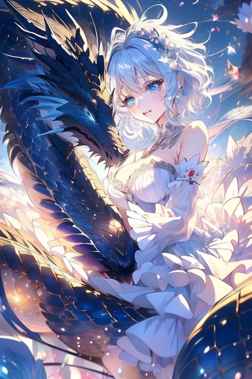 ((masterpiece、Super detailed、intricate details、high quality、An illustration))、dragonと女の子 、18-year-old、155cm、45kg、C cup、beautiful girl、Magical girl（（short cut slim body、A body with no slack at all、silver hair、platinum blonde、odd eye、Black eyes、blue eyes、Rin々new expression））、（rainbow colored leotard dress、sheer ruffle leotard dress、Sheer skirt、Frilled ribbon on the chest、large ribbon on the back）beautifully、be familiar with、risky、whole body、See-through、has a blue sword、full moon、moonlight、Cleavage is exposed、dragon（（（Dragon Knight、神秘的なdragon、咆哮するdragon）））Overall image、whole body、View from a distance、dragonの顔、firmament、night sky、（（（dragonに身を寄せる少女、少女の後ろにdragonの顔、正面を見るdragon）））少女の後ろに佇むdragon、少女を守るdragon、Guardian Dragon