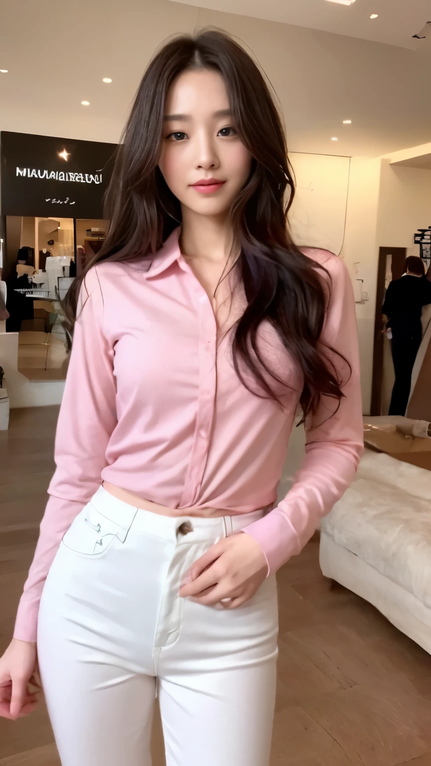 ((top-quality、8k、masterpiece:1.3))、Beautiful woman with perfect body:1.4、slim abdomen:1.2、Longhair, normal breast, Highly detailed facial and skin texture, A detailed eye, (smile), (full body shot), ((shopping mall)), (standing), (((wearing long sleeve pink shirt with white long pants ), looking in front