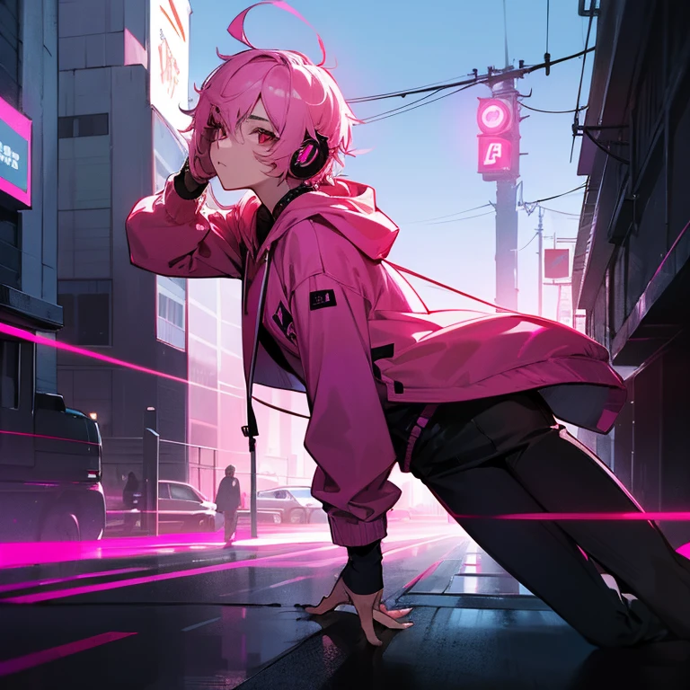 (shortcut), (two block hair), (bright pink hair), (red eyes), (cool pose), (top quality), (masterpiece), (Super detailed), (oversized hoodie), (Street style), (neon), (modern city), (neonデイライト), (cinematic), (stylish), (High resolution), (hyper-detailed), (soft town), (Nightcore), (a handsome guy), (man wearing headphones), (natural appearance of the building), (IG studio anime style), (Low - Angle), (looking at the camera), (visualize)