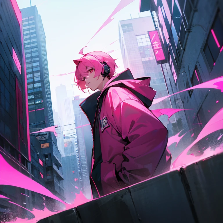 (shortcut), (two block hair), (bright pink hair), (red eyes), (cool pose), (top quality), (masterpiece), (Super detailed), (oversized hoodie), (Street style), (neon), (modern city), (neonデイライト), (cinematic), (stylish), (High resolution), (hyper-detailed), (soft town), (Nightcore), (a handsome guy), (man wearing headphones), (natural appearance of the building), (IG studio anime style), (Low - Angle), (looking at the camera), (visualize)