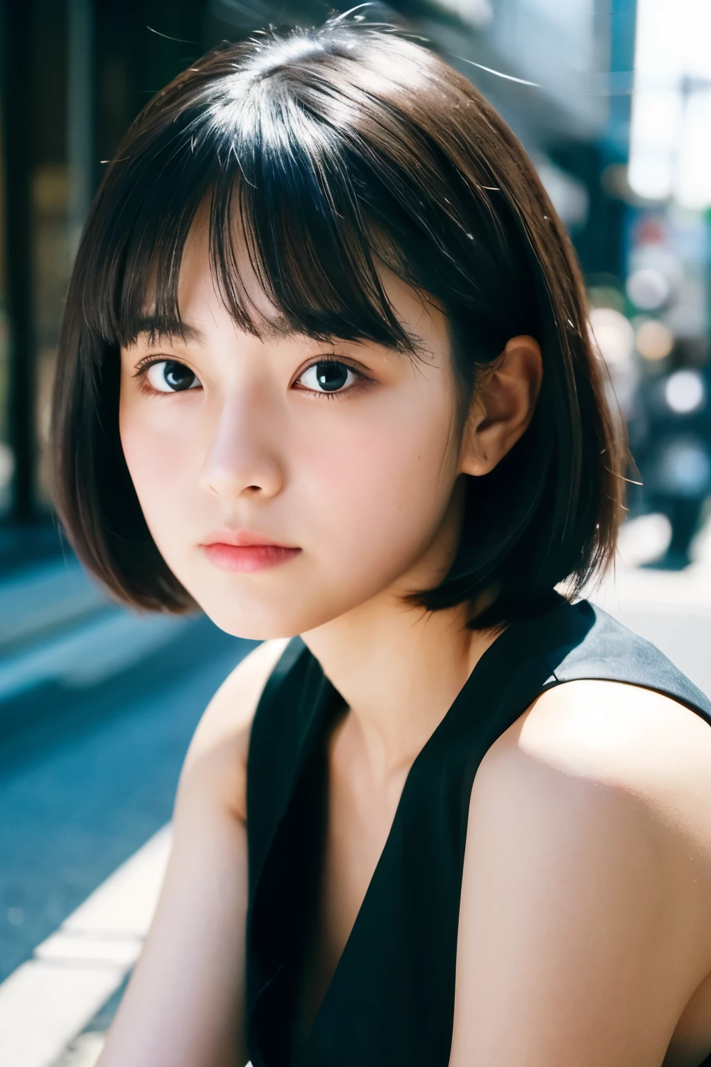 (amator,beautiful face),(realistic face, perfect eyes,1.1),analog style,raw,live action,medium quality,normal aesthetic,break,1girl,(Japanese girl:1.1),(round face:1.3),Nogizaka,short bob,break,(black dress),