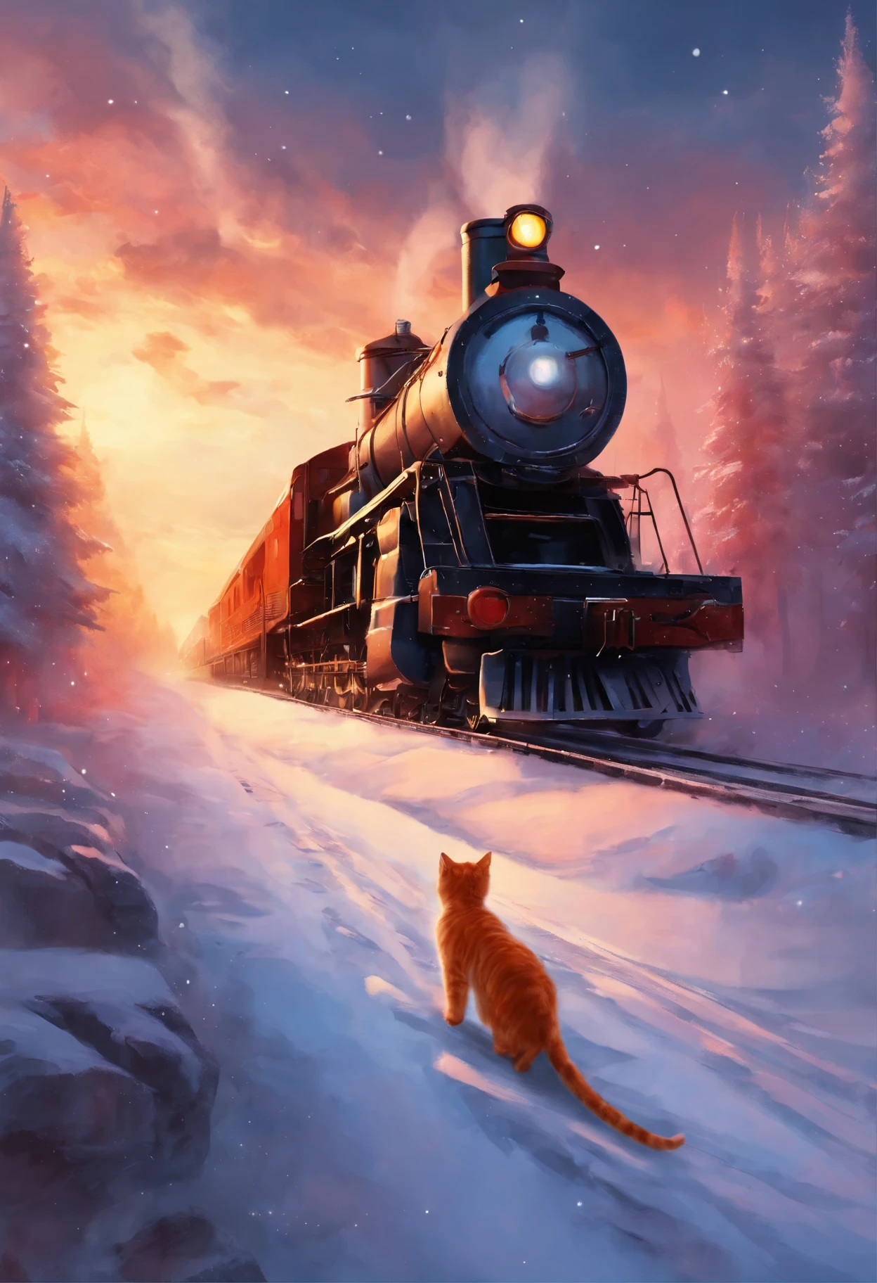 Train going into the sky with a red cat conductor, snow swirling into the sky,