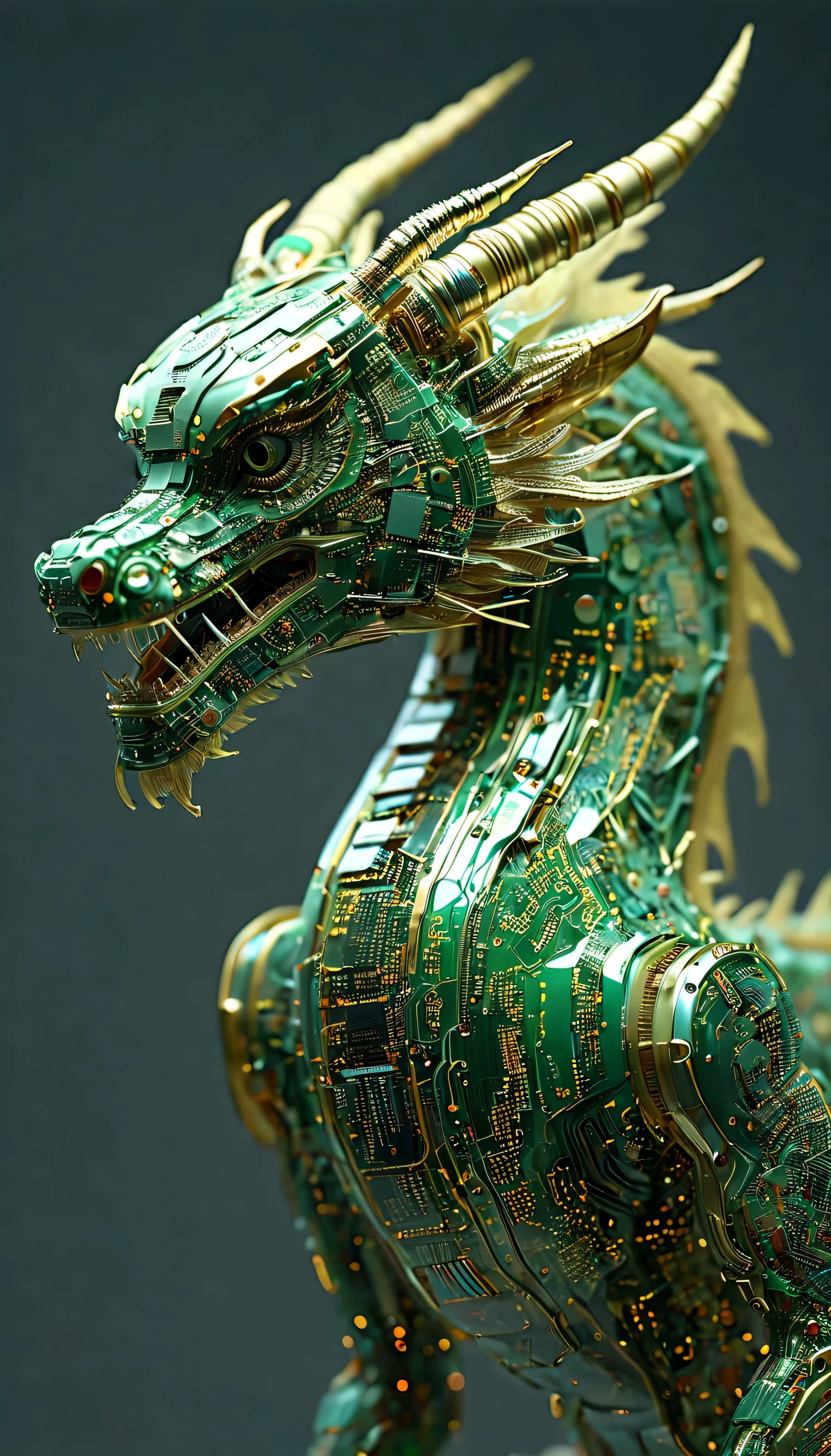 Transparent Chinese dragon made from circuit boards, expectation, Front view, sense of technology,sense of the future, real picture,