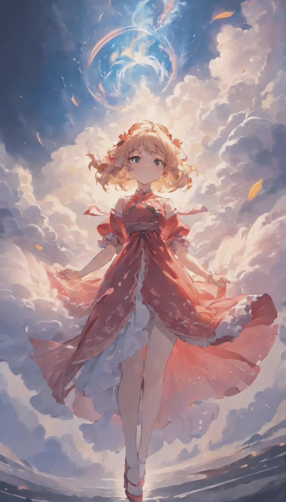 pure white picture,The painting depicts a woman in an old red dress,There's a huge pink goldfish in the clouds, made of fog, dark white and pink, In the style of Lee Shu-heung, shilin huang, Talented people々, air-like shape, Huge scale, elegant and balanced, double exposure, cloud effect:1.5,Elevation,Vision,super detail,best quality,master piece,8K,very detailed,magnificent artwork,detailed face