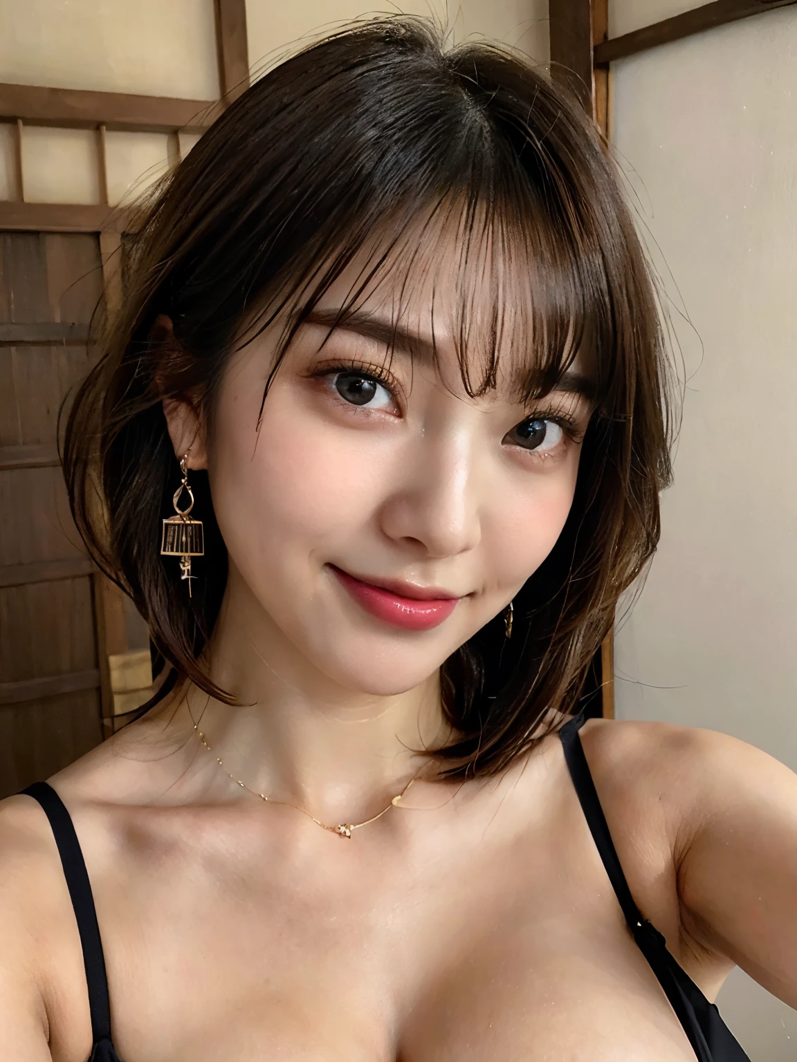 1 girl, NSFW, (white background), ((8K, born, masterpiece: 1.4)), (professional photography, sharp:1.2), ((portrait shot)), perfect dynamic composition, (natural sunlight), (soft shadow), (perfect body:1.4, slim abs:1.2), ((Japan hairstyles:1.4, huge breasts:1.6)), medium long hair, Super detailed face and skin, perfect asian, white skin, (fine skin:1.3),(latex skin:0.4), (perfect shiny skin:0.6), Yuki Shiramori, blonde hair, light brown eyes, beautiful eyes, round eyes, cute face, blushing face, glossy lips, high nose bridge, glossy eyes, perfectly proportioned face, realistic moist skin, exquisite expression, smile slightly at the camera, looking at camera, exquisite expression, elegance necklace, elegance earrings, minimalist, ((Selfie Shots)), close, show cleavage, wear( black micro bikini)
