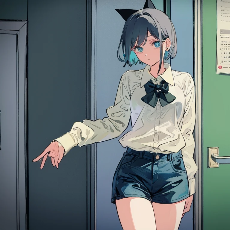 (Masterpiece: 1.5, best quality, high resolution: 1.3, super resolution, super detailed, ultra detailed: 1.3, rich background: 1.2, 1 woman)) deep blue eyes + pale hair + very short hair + female body + big chest + medium hips + thick thighs + long legs (oversized turtleneck shirt with long sleeves, short jean shorts, dark pantyhose, bow tying part of her hair) ((confused expression, opening a door, striking eyes)) (colors for clothing and accessories: white, black, aquamarine green, blue)