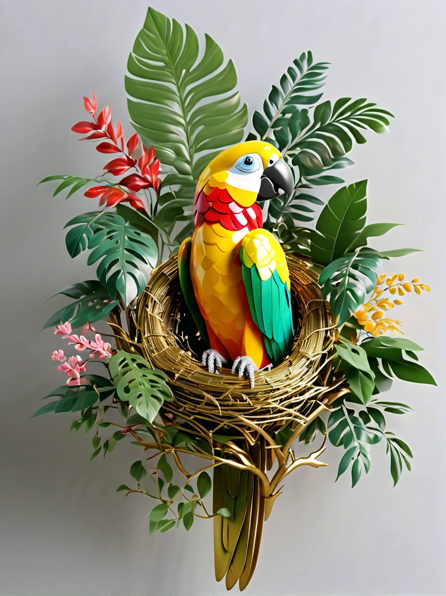 Rainforest,gold steel parrot,((Sophisticated and beautiful nest:1.5)),branches,green leaves,Colorful flowers and diverse plants