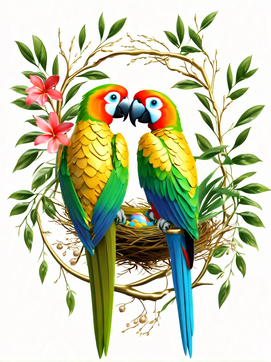 Rainforest,gold steel parrot,((Sophisticated and beautiful nest:1.5)),branches,green leaves,Colorful flowers and diverse plants
