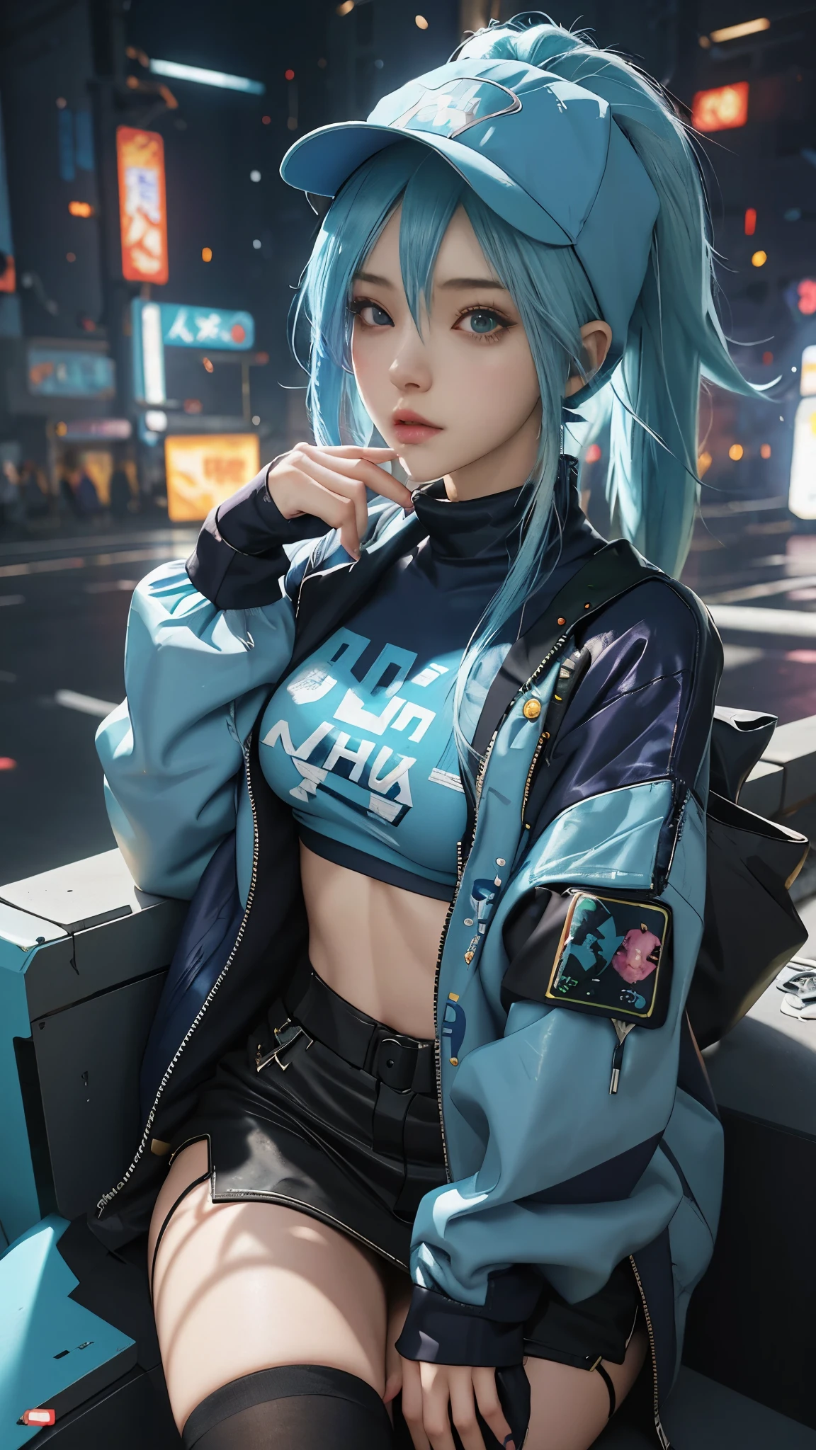 anime girl with blue hair and blue cap sitting on a box, anime style 4 k, 2 d anime style, anime cyberpunk art, cyberpunk anime girl, digital cyberpunk anime art, high quality anime artstyle, artwork in the style of guweiz, e-girl, e - girl, style anime, digital cyberpunk - anime art, anime character, rossdraws cartoon vibrant