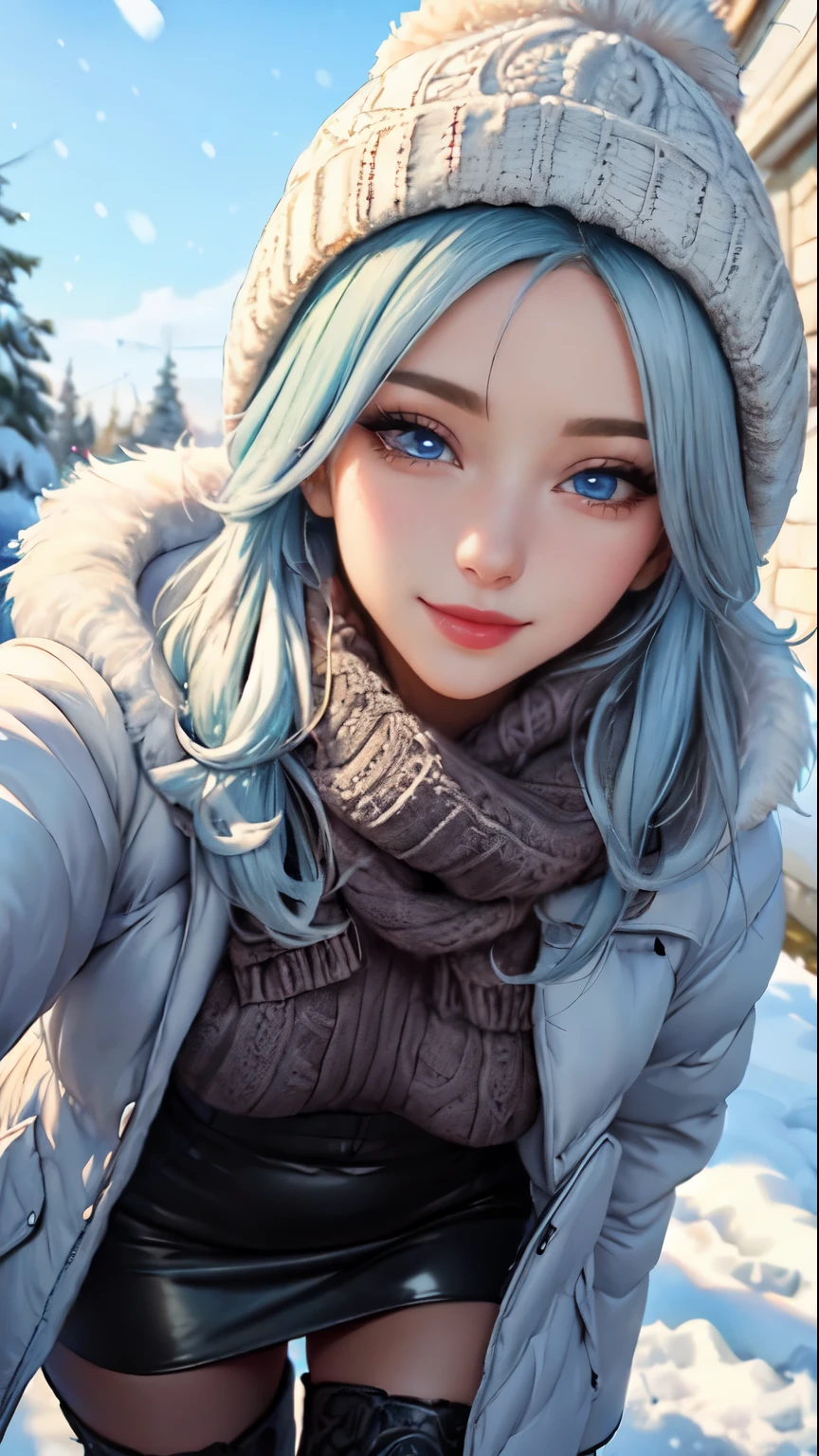 Masterpiece, raw, beautiful art, professional artist, 8k, art style by sciamano240, very detailed face, very detailed hair, 1 woman, perfectly drawn body, beautiful face, long hair, light blue hair , very detailed blue eyes , rosey cheeks, intricate details in eyes, playful smile, looking directly at viewer , in love with viewer expression, lipstick, wearing cute winter clothes, winter coat, gloves, sweater, scarf, short pencil skirt, thigh boots, sunny winter day, walking, pov with viewer, very close up on face,