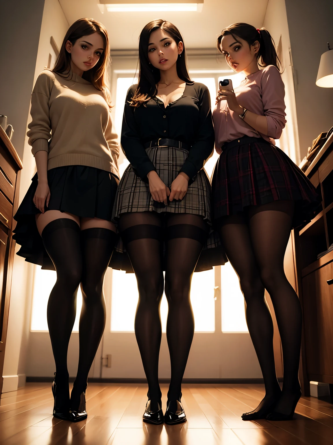 NSFW, from the rear、School Underwear Inspection、- Three women in a row who seduce by lifting their skirts、Emphasis on the lined buttocks、japanes、、large full breasts、a choker、Sexy underwear with matching top and bottom、Stick your ass out here、dripping with sweat、Water flowing from the crotch、