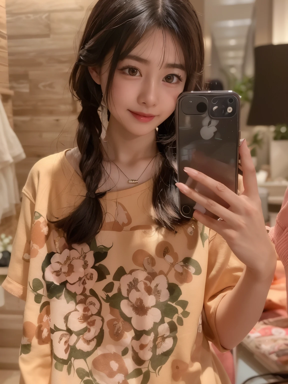 A smiling girl takes a selfie in the mirror with her mobile phone, Cartoon Cute, Peaches and goma style, Urzan, Cute cartoon, Cute cartoon style, Tzuyu from Twice, cartoonish style, Has a cute and delicate face, Dilireba, cute girl, exclusive, young and cute girl, this