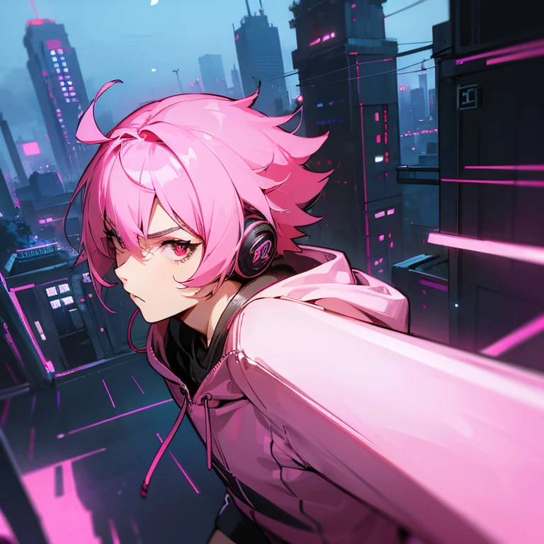 (shortcut), (two block hair), (bright pink hair), (red eyes), (cool pose), (top quality), (masterpiece), (Super detailed), (oversized hoodie), (Street style), (neon), (modern city), (neonデイライト), (cinematic), (stylish), (High resolution), (hyper-detailed), (soft town), (Nightcore), (a handsome guy), (man wearing headphones), (natural appearance of the building), (IG studio anime style), (Low - Angle), (looking at the camera), (visualize)