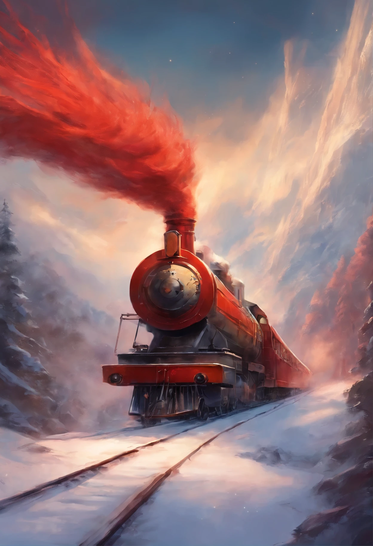 Train going into the sky with a red cat conductor, snow swirling into the sky, angel looking from heaven,