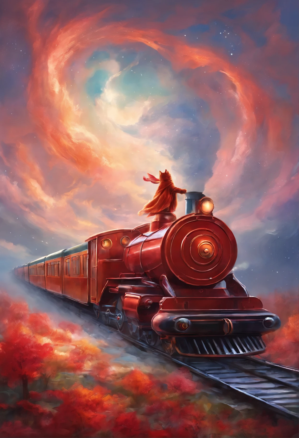 Train going into the sky with a red cat conductor, snow swirling into the sky, angel looking from heaven,