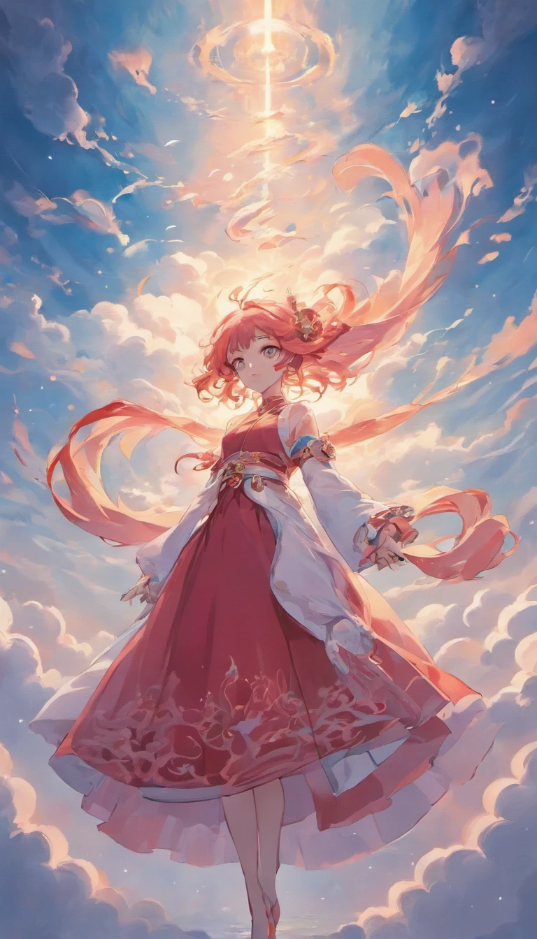 pure white picture，The painting depicts a woman in an old red dress，There&#39;s a huge pink goldfish in the clouds, made of fog, dark white and pink, In the style of Lee Shu-heung, shilin huang, Talented people々, air-like shape, Huge scale, elegant and balanced, god々New,double exposure, cloud effect：1.5，Elevation，Vision，super detail，best quality，master piece，8K，very detailed，magnificent artwork，detailed face