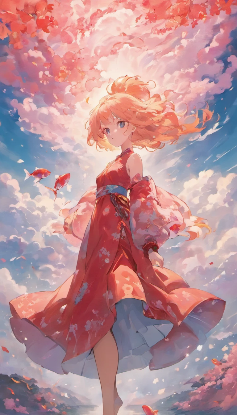 pure white picture,The painting depicts a woman in an old red dress,There's a huge pink goldfish in the clouds, made of fog, dark white and pink, In the style of Lee Shu-heung, shilin huang, Talented people々, air-like shape, Huge scale, elegant and balanced, god々New,double exposure, cloud effect:1.5,Elevation,Vision,super detail,best quality,master piece,8K,very detailed,magnificent artwork,detailed face
