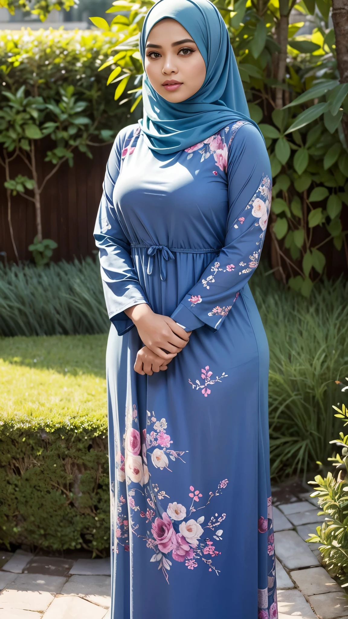 RAW, Best quality, high resolution, masterpiece: 1.3), beautiful Malay woman in hijab,Masterpiece, perfect fit body, big breast, big gorgeous eyes, Soft smile,thick thighs,beautiful face, glossy lips,watery eyes, women in hijab wear small floral baju kurung malaysia in college,standing in garden, Excellent lighting, Bright colors, Clean lines