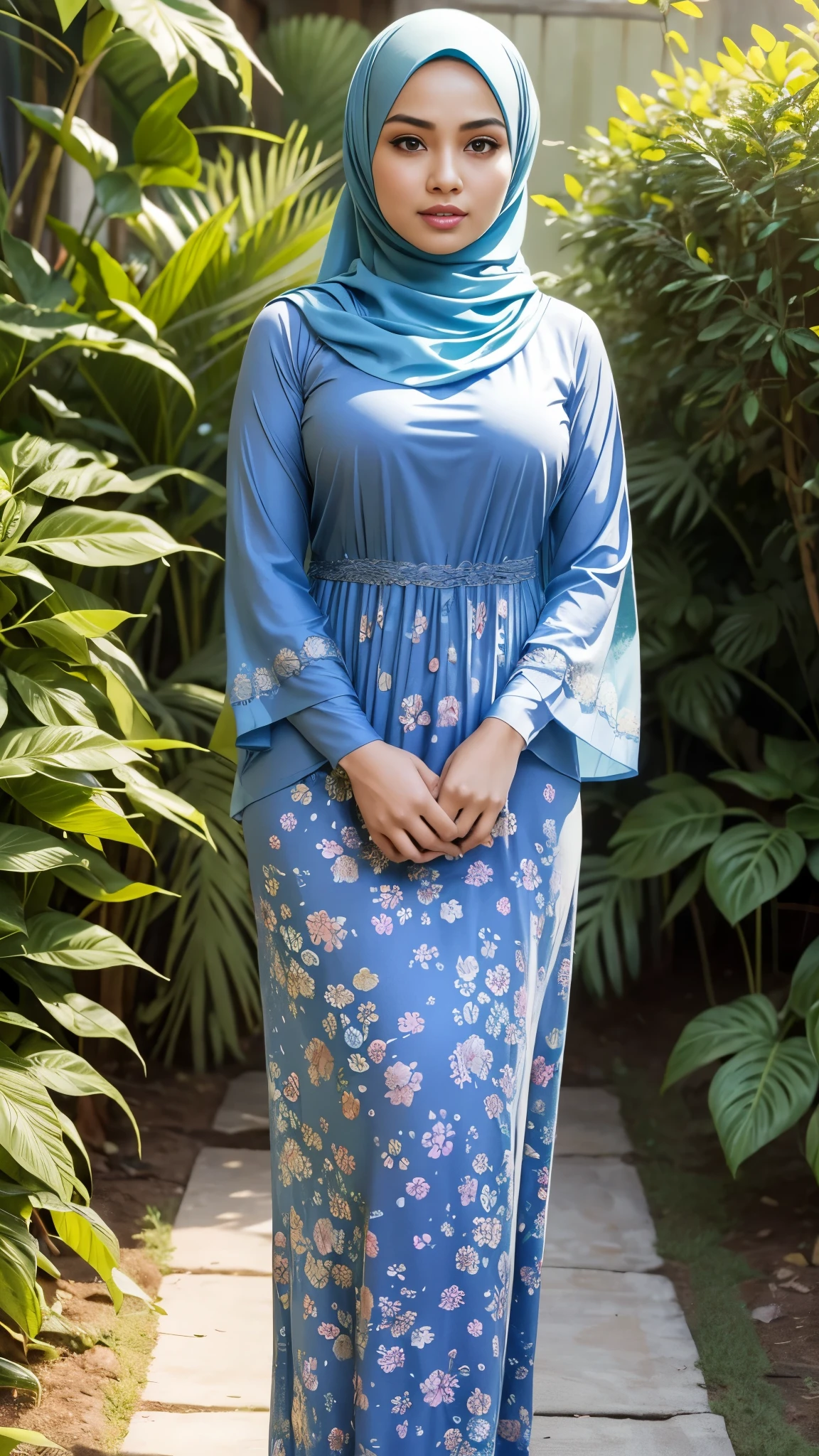 RAW, Best quality, high resolution, masterpiece: 1.3), beautiful Malay woman in hijab,Masterpiece, perfect fit body, big breast, big gorgeous eyes, Soft smile,thick thighs,beautiful face, glossy lips,watery eyes, women in hijab wear small floral baju kurung malaysia in college,standing in garden, Excellent lighting, Bright colors, Clean lines