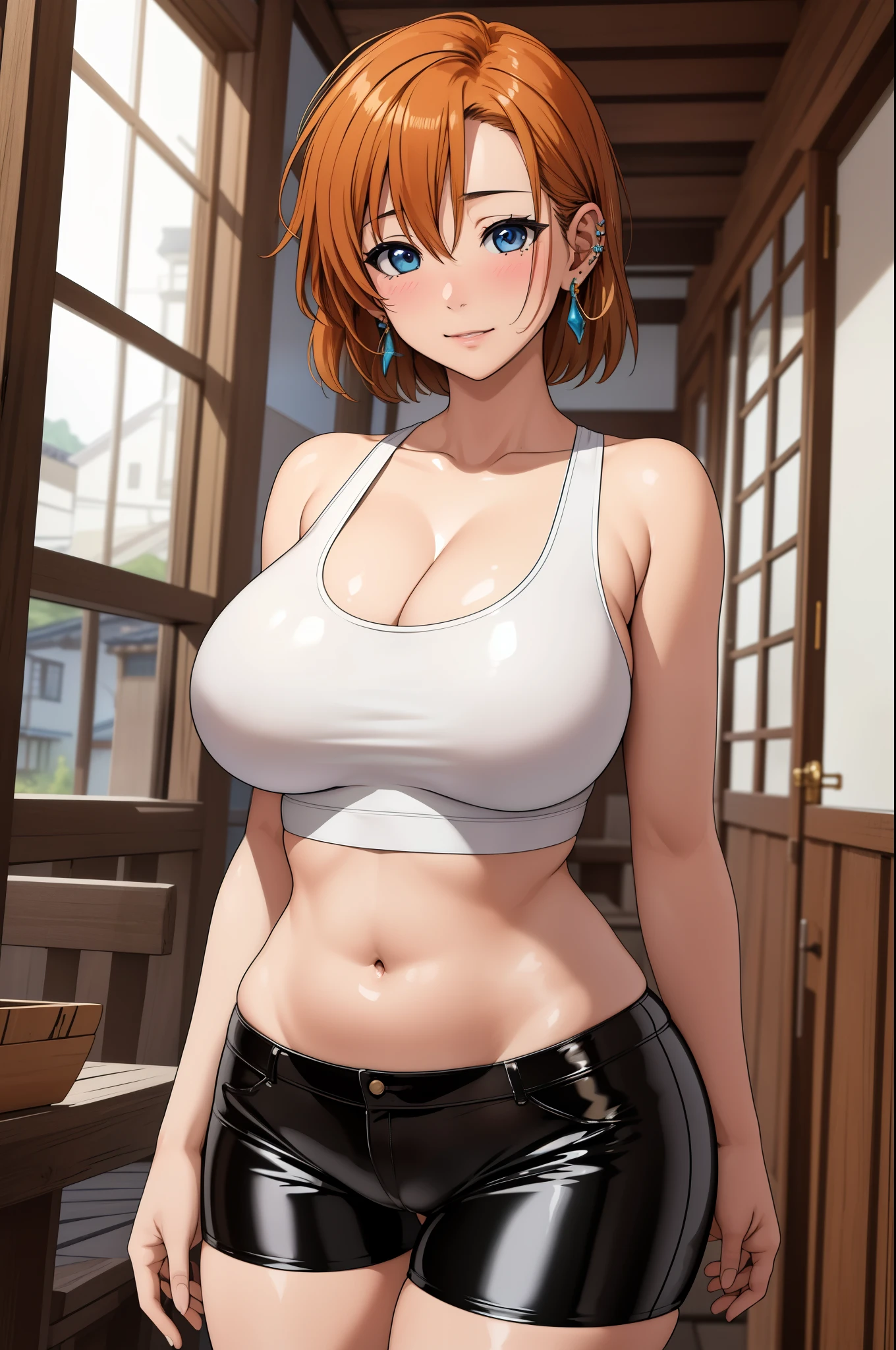 (Masterpiece, Best Quality, High Quality), professional artwork, well drawn, Intricate Details,solo,in village , Kousaka honoka, afternoon, milf, curvy body, navel , ultra detail hair, ultra detail face, perfect eyes, earring, blushing, embarrassed, latex white tank top, latex breasts, micro shorts,side breasts,big breasts 