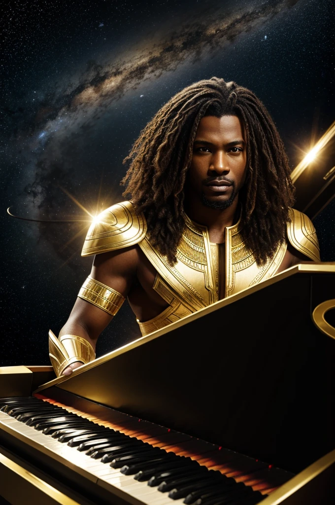 photo realistic, African male with long brown hair with light brown streaks, Egyptian golden armor,, futuristic, playing piano keys swirling around out in space with planets floating by, 85mm cinematic lighting,