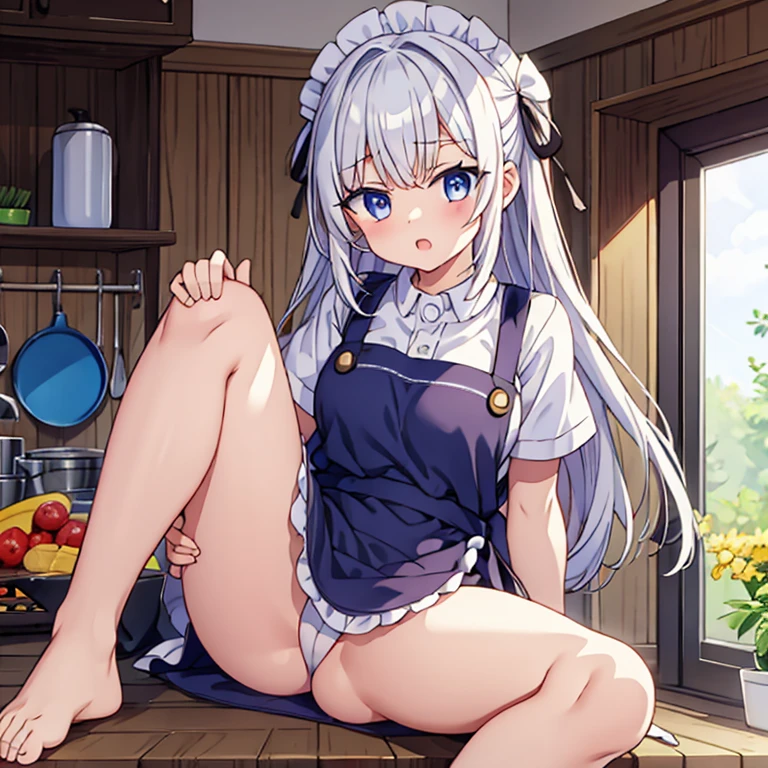 girl,thin,barefoot,spread legs,white hair,red pupils,kitchen,apron,Bare buttocks