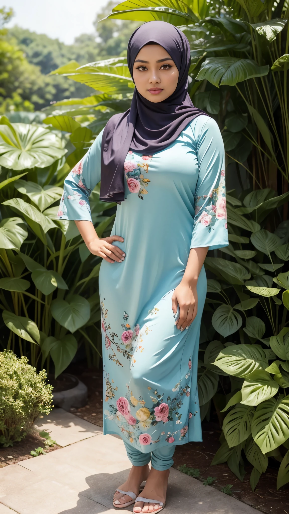 RAW, Best quality, high resolution, masterpiece: 1.3), beautiful Malay woman in hijab,Masterpiece, perfect  fit body, big breast, big gorgeous eyes, Soft smile,thick thighs,beautiful face, glossy lips,watery eyes, women in hijab wear small floral baju kurung malaysia in college,standing in garden, Excellent lighting, Bright colors, Clean lines

