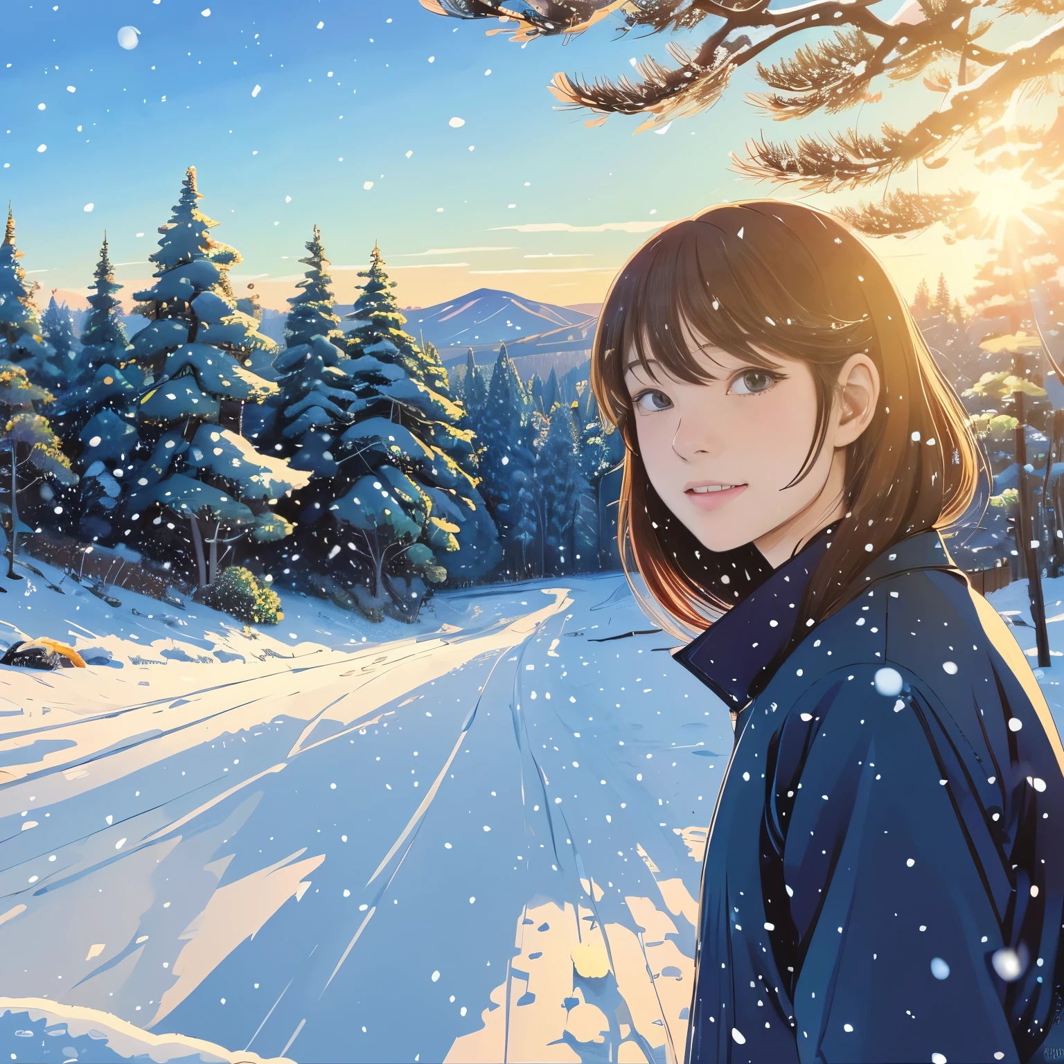 Illustration style、Ukiyo-e、Showa Anime、Woman facing this way、Japanese、The morning sun is shining in the background、Shinkai Makoto style、The season is winter、You can see the forest in the distance、It's snowing、 (highest quality, super detailed, portrait, Natural light)