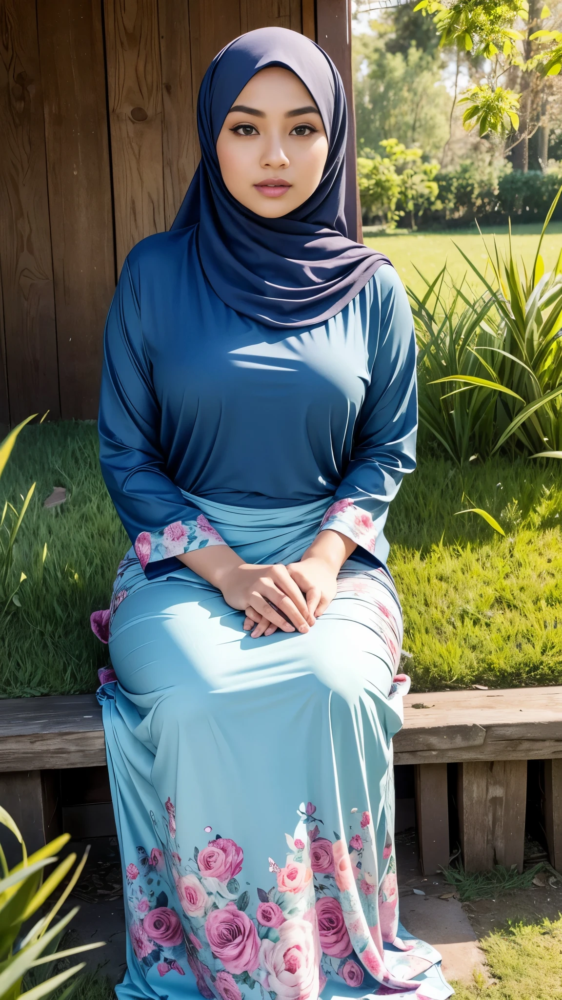 RAW, Best quality, high resolution, masterpiece: 1.3), beautiful Malay woman in hijab,Masterpiece, perfect fit body, big breast, big gorgeous eyes, Soft smile,thick thighs,beautiful face, glossy lips,watery eyes, women in hijab wear small floral baju kurung malaysia in college,sitting in Meadow garden, Excellent lighting, Bright colors, Clean lines