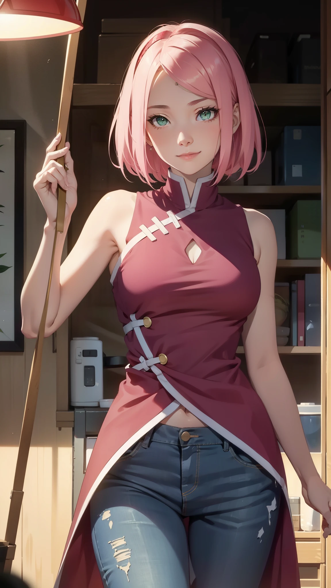 ​masterpiece, absurderes, (intricate detailes), (colourfull), 电影灯光, Highly detailed 8k CG unit wallpaper, 1 girl in, very Bigger breasts, sakura haruno, Puppy position, pov, nsfw, Provocative, uptight, embarrassed from, red blush, ripped clothing, barechested